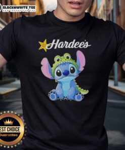 Awesome Stitch cosplay of Crocodile wearing a Hardee's T-shirt, showcasing a unique blend of fandom and fast food culture.