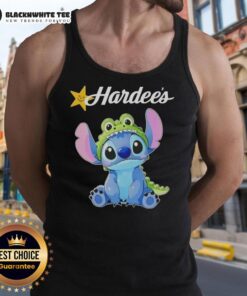 Awesome Stitch cosplay featuring a Crocodile X Hardees tank top, showcasing vibrant colors and playful design.