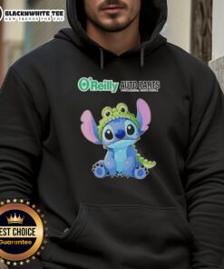 Awesome Stitch cosplay wearing a Crocodile X O'Reilly Auto Parts hoodie at a comic convention.