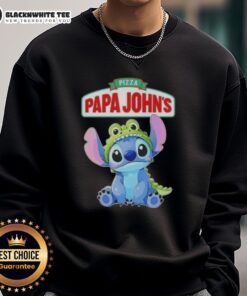 Awesome Stitch cosplay featuring a Crocodile and Pizza Papa John's sweatshirt, perfect for fans and costume enthusiasts.