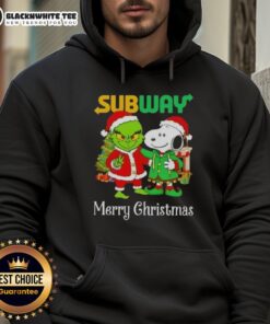 Alt Text: Awesome Subway X Grinch and Snoopy Merry Christmas hoodie featuring vibrant graphics and festive colors.