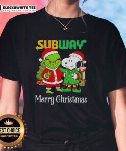 Awesome Subway X Grinch and Snoopy Merry Christmas ladies tee featuring festive graphics and vibrant colors.