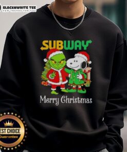 Awesome Subway X Grinch and Snoopy Merry Christmas Sweatshirt featuring festive designs perfect for holiday cheer.