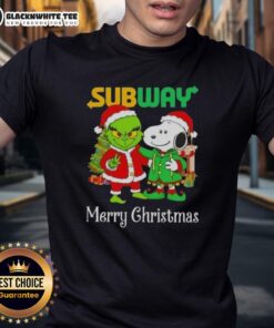 Awesome Subway X Grinch and Snoopy Merry Christmas T-Shirt featuring festive designs of Grinch and Snoopy in holiday colors.