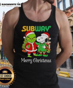 Alt Text: Awesome Subway X Grinch and Snoopy Merry Christmas tank top featuring festive designs and vibrant colors.