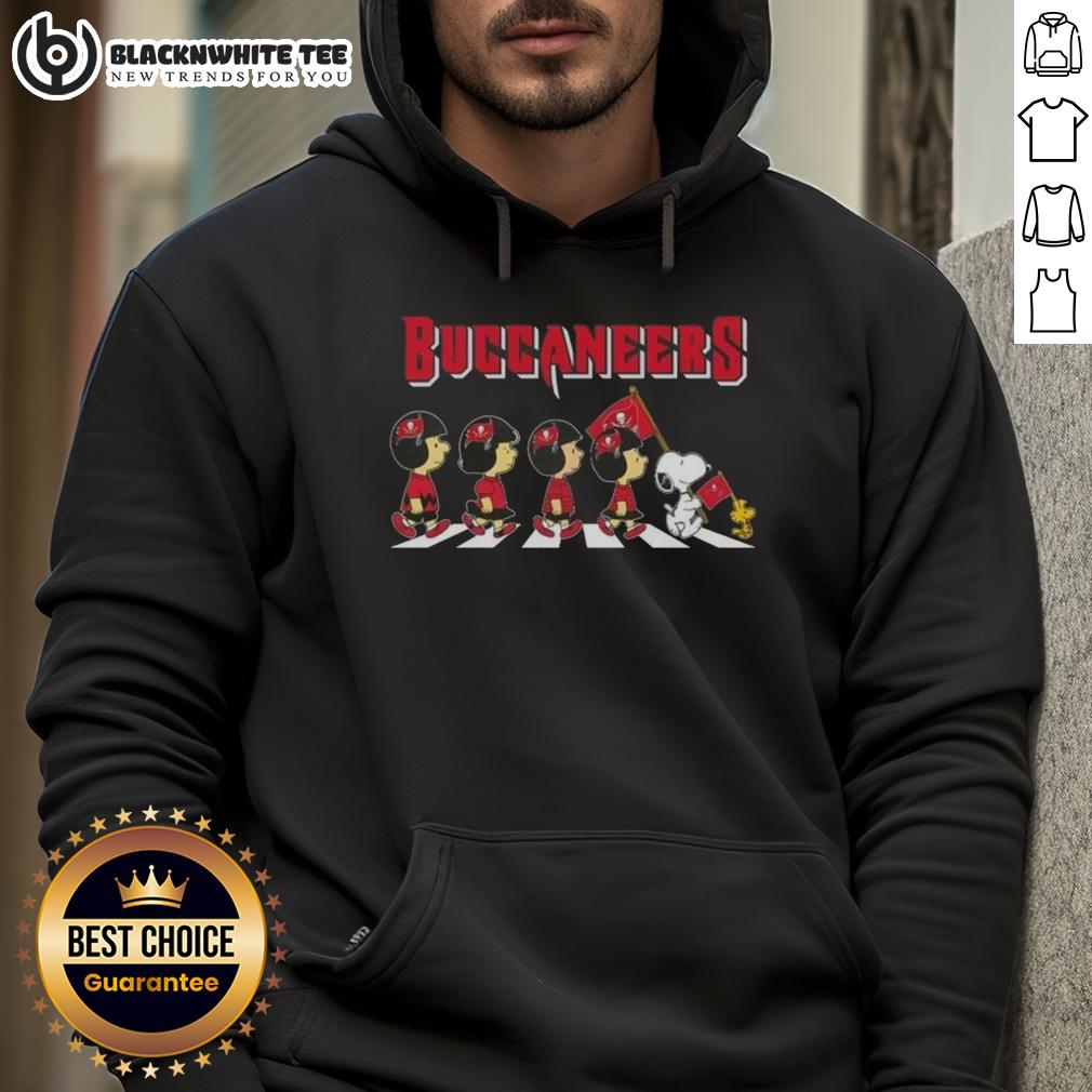 Awesome Tampa Bay Buccaneers X Peanuts Snoopy And Friends Abbey Road Hoodie Alt Text: Awesome Tampa Bay Buccaneers X Peanuts Snoopy and Friends Abbey Road Hoodie featuring iconic characters in team colors.