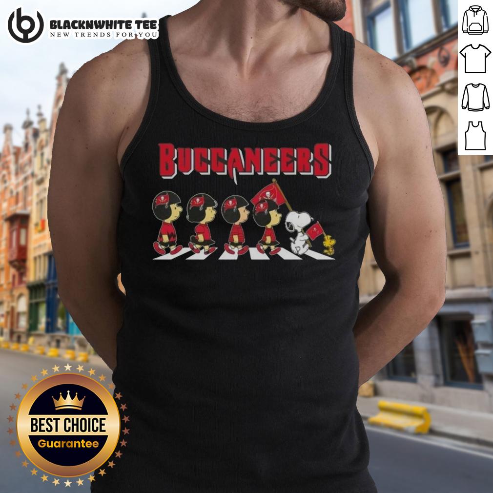 Awesome Tampa Bay Buccaneers X Peanuts Snoopy And Friends Abbey Road Tank Top Alt Text: Awesome Tampa Bay Buccaneers X Peanuts Snoopy and Friends Abbey Road tank top featuring colorful cartoon characters.