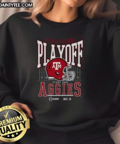 Alt Text: Awesome Texas A&M Aggies 2025-2026 College Football Playoff Bound helmet sweatshirt in maroon and white design.