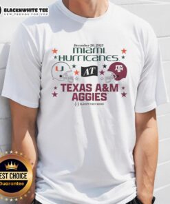 2025 CFP first round matchup T-shirt featuring Texas A&M Aggies and Miami Hurricanes logos, perfect for game day fans.