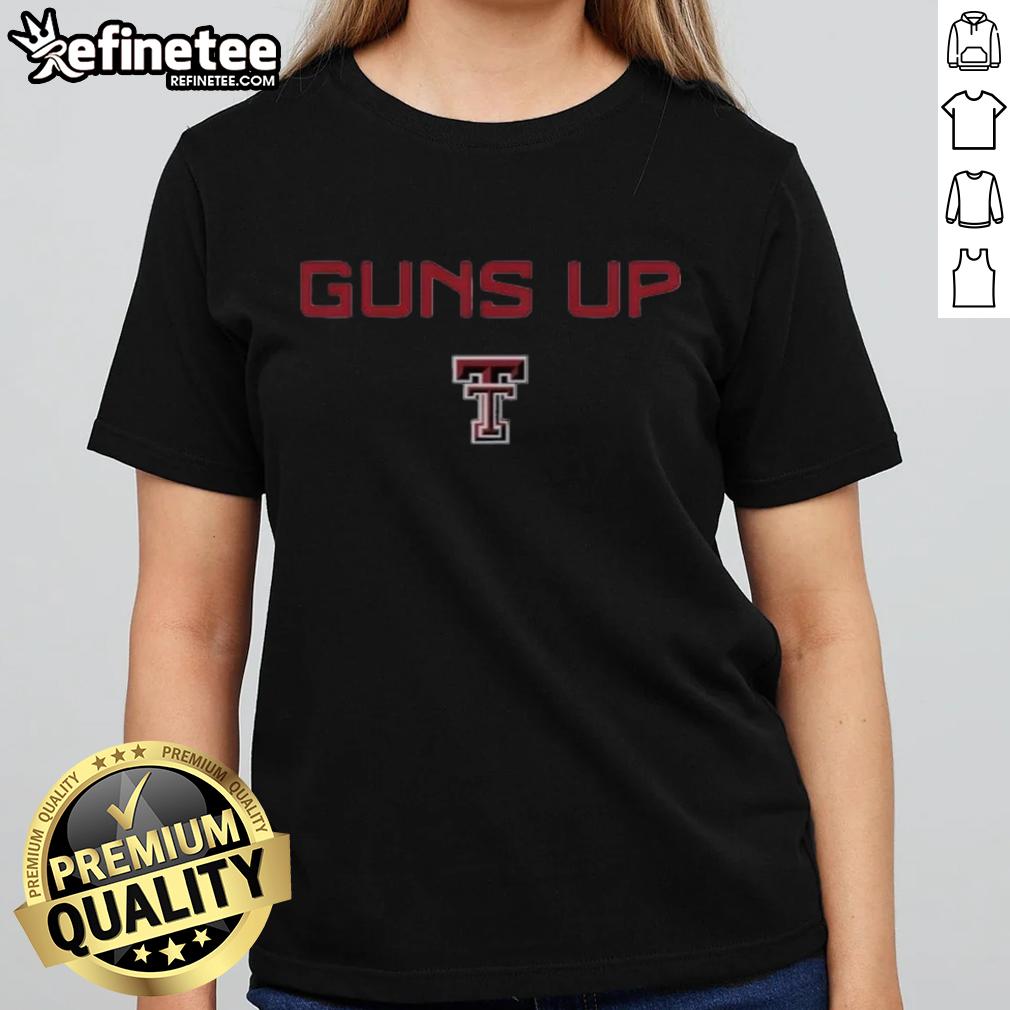 awesome-texas-tech-red-raiders-football-logo-guns-up-rally-call-ladies-tee Alt Text: Awesome Texas Tech Red Raiders football logo with 'Guns Up' rally call on a ladies tee shirt design.