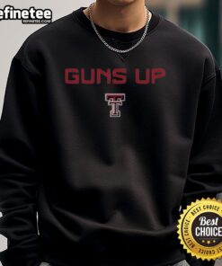 Alt Text: Awesome Texas Tech Red Raiders football logo on a 'Guns Up' rally call sweatshirt, perfect for fans.