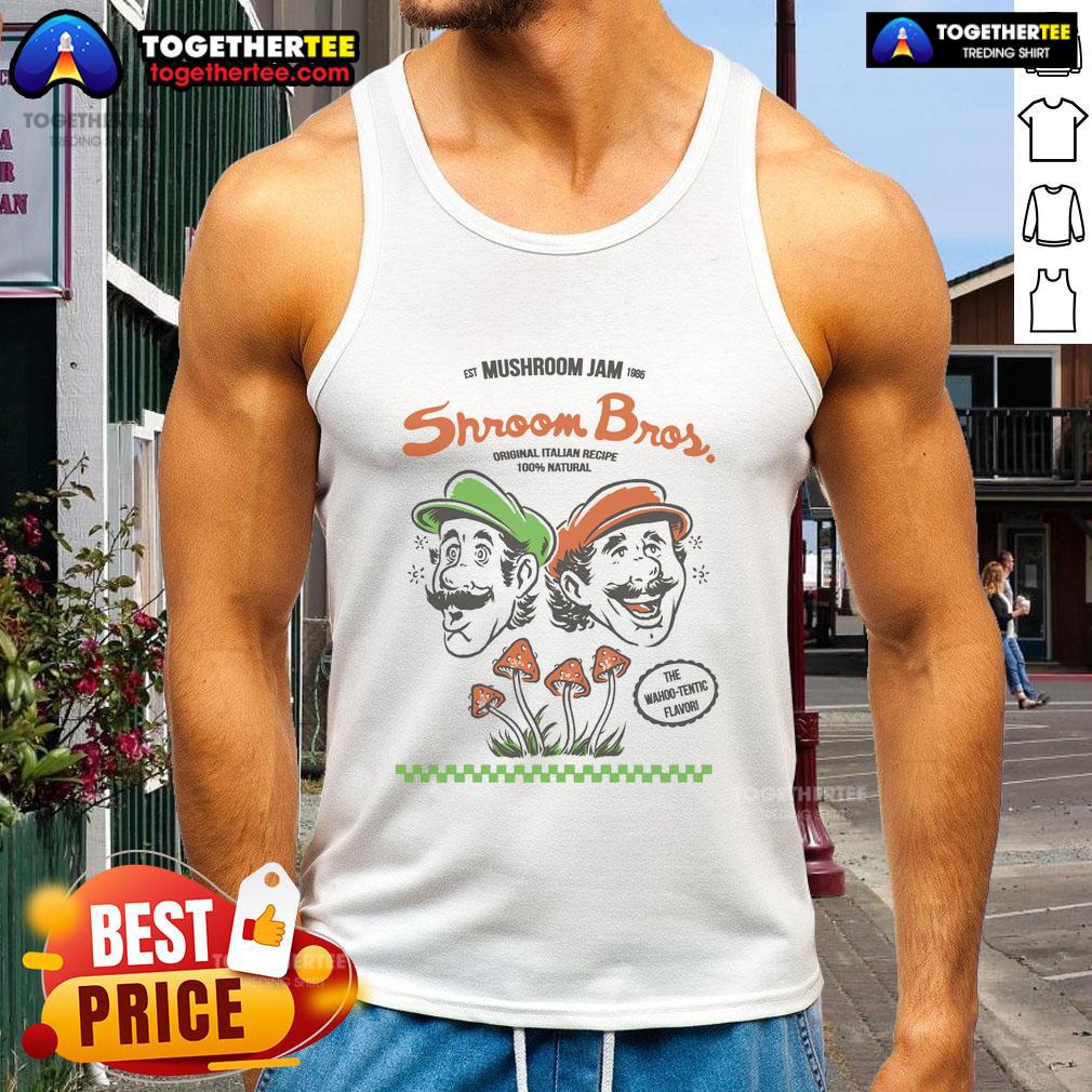 Awesome The Mushroom Jam Est 1985 Shroom Bros The Wahoo-Tentic Flavor Mario And Luigi Tank Top Alt Text: Awesome Mushroom Jam tank top featuring Shroom Bros, Mario, and Luigi, established 1985, perfect for gamers.