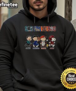 Awesome Peanuts San Francisco hoodie featuring Sharks, Warriors, Giants, and 49ers designs, perfect for sports fans.