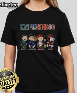 Awesome Peanuts San Francisco Sharks Warriors Giants 49ers ladies tee featuring vibrant team graphics and comfortable fit.