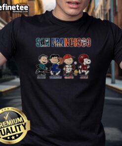 Alt Text: Awesome The Peanuts San Francisco Sharks Warriors Giants and 49ers T-Shirt featuring iconic cartoon characters.