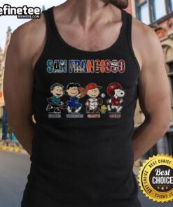 Awesome Peanuts tank top featuring San Francisco Sharks, Warriors, Giants, and 49ers logos, perfect for sports fans.