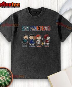 Awesome Peanuts San Francisco Sharks Warriors Giants 49ers washed t-shirt featuring vibrant team logos and colors.