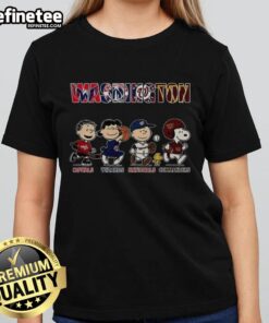 Awesome Peanuts ladies tee featuring Washington Capitals, Wizards, Nationals, and Commanders logos for sports fans.