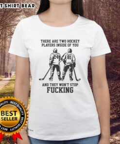 Funny ladies' tee featuring two hockey players and the phrase about their playful rivalry. Perfect for hockey fans!