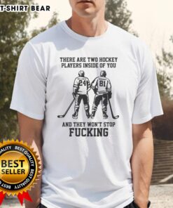Alt Text: Awesome T-shirt featuring two hockey players graphic, perfect for hockey fans who love playful designs.
