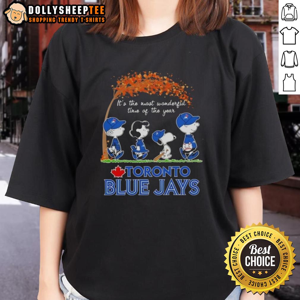 Awesome Toronto Blue Jays X Peanuts Snoopy And Friends Autumn It's The Most Wonderful Time Of The Year Ladies-Tee Awesome Toronto Blue Jays X Peanuts Snoopy tee for autumn, celebrating 'It's the Most Wonderful Time of the Year'.