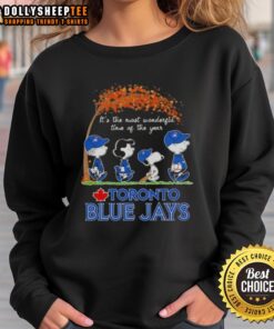 Awesome Toronto Blue Jays X Peanuts Snoopy sweatshirt for autumn, celebrating 'It's The Most Wonderful Time of The Year'.