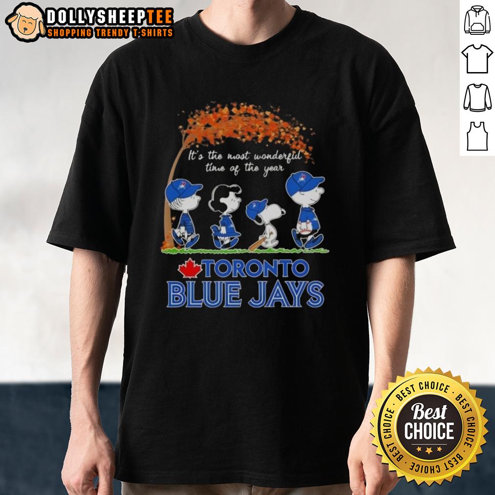 Awesome Toronto Blue Jays X Peanuts Snoopy And Friends Autumn It's The Most Wonderful Time Of The Year T-Shirt Awesome Toronto Blue Jays X Peanuts Snoopy and Friends autumn t-shirt featuring a festive design for baseball fans.