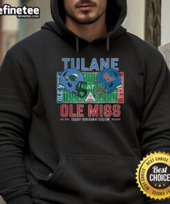 Alt Text: Awesome Tulane Green Wave vs Ole Miss Rebels NCAA CFP 2025 helmet hoodie at Vaught-Hemingway Stadium.