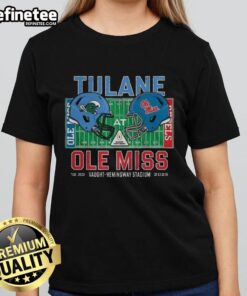Awesome Tulane Green Wave vs Ole Miss Rebels NCAA CFP 2025 helmet on ladies tee at Vaught-Hemingway Stadium.