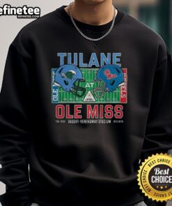 Alt Text: Awesome Tulane Green Wave vs Ole Miss Rebels NCAA CFP 2025 sweatshirt featuring team helmets at Vaught-Hemingway Stadium.