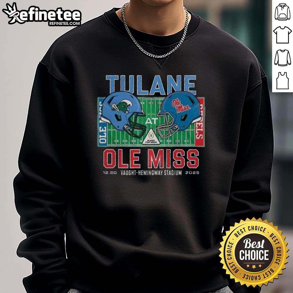 awesome-tulane-green-wave-vs-ole-miss-rebels-ncaa-cfp-2025-vaught-hemingway-stadium-helmet-sweatshirt Alt Text: Awesome Tulane Green Wave vs Ole Miss Rebels NCAA CFP 2025 sweatshirt featuring team helmets at Vaught-Hemingway Stadium.