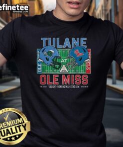 Awesome Tulane Green Wave vs Ole Miss Rebels NCAA CFP 2025 helmet t-shirt displayed at Vaught Hemingway Stadium.