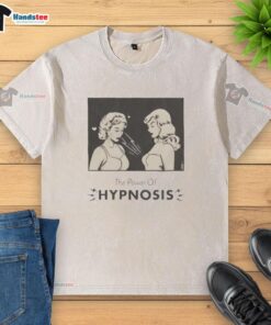 Alt Text: Two girls wearing a washed t-shirt with 'The Power of Hypnosis' design, showcasing playful friendship and creativity.