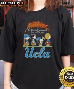 UCLA Bruins X Peanuts Snoopy autumn ladies tee featuring festive design for the most wonderful time of the year.