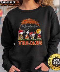 Alt Text: USC Trojans X Peanuts Snoopy sweatshirt featuring autumn designs, perfect for celebrating the most wonderful time of the year.