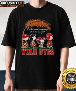 Awesome Utah Utes X Peanuts Snoopy autumn T-shirt featuring Snoopy and friends, perfect for celebrating the season.