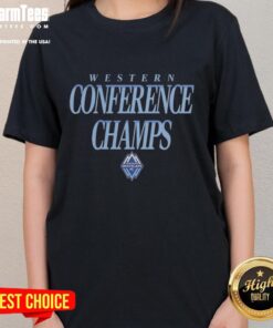 Awesome Vancouver Whitecaps FC 2025 MLS Western Conference Champions ladies tee, featuring team colors and logo design.