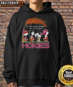 Alt Text: Awesome Virginia Tech Hokies X Peanuts Snoopy and Friends hoodie for autumn, celebrating the most wonderful time of year.