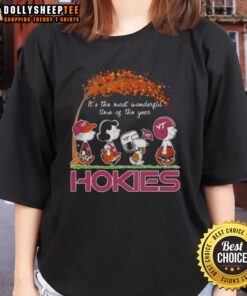 Awesome Virginia Tech Hokies X Peanuts Snoopy autumn tee for ladies, celebrating fall and fandom in style.