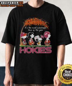 Alt Text: Awesome Virginia Tech Hokies X Peanuts Snoopy And Friends Autumn T-Shirt celebrating fall and Hokies spirit.