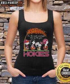Awesome Virginia Tech Hokies tank top featuring Snoopy and friends in autumn, perfect for fall celebrations.