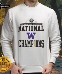 2025 NCAA Division Men's Soccer National Champions sweatshirt featuring Washington Huskies logo and vibrant design.