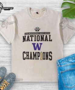 Awesome Washington Huskies 2025 NCAA Division Men's Soccer National Champions washed t-shirt design featuring team colors.
