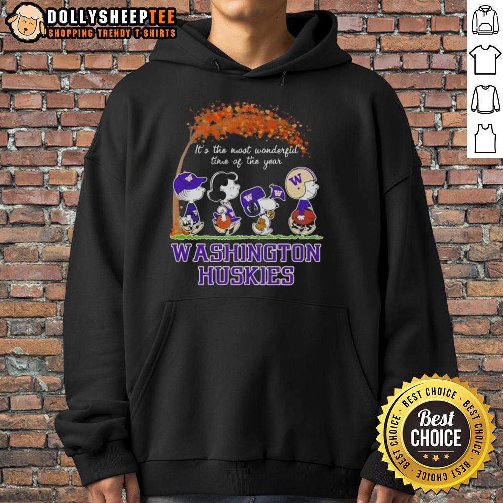 Awesome Washington Huskies X Peanuts Snoopy And Friends Autumn It's The Most Wonderful Time Of The Year Hoodie Awesome Washington Huskies hoodie featuring Snoopy and friends celebrating autumn and the holiday season.