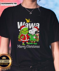 Awesome Wawa x Grinch and Snoopy Merry Christmas ladies tee featuring festive graphics for holiday cheer.