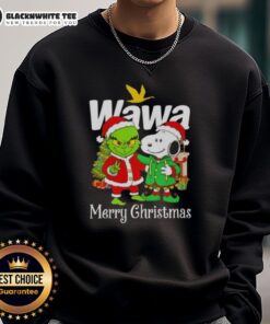 Alt Text: Awesome Wawa X Grinch and Snoopy Merry Christmas sweatshirt featuring festive designs for holiday cheer.