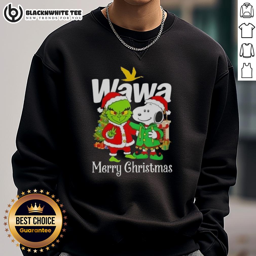 Awesome Wawa X Grinch And Snoopy Merry Christmas Sweatshirt Alt Text: Awesome Wawa X Grinch and Snoopy Merry Christmas sweatshirt featuring festive designs for holiday cheer.