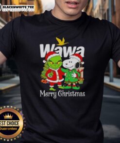 Alt Text: Awesome Wawa X Grinch and Snoopy Merry Christmas T-Shirt featuring festive designs for a joyful holiday season.
