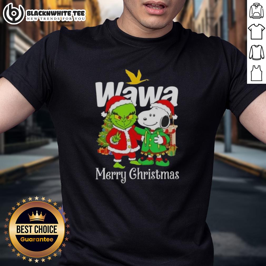 Awesome Wawa X Grinch And Snoopy Merry Christmas T Shirt Alt Text: Awesome Wawa X Grinch and Snoopy Merry Christmas T-Shirt featuring festive designs for a joyful holiday season.