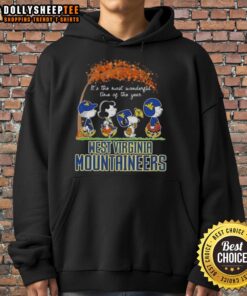 Alt Text: Cozy hoodie featuring Awesome West Virginia Mountaineers, Snoopy, and friends celebrating autumn magic.